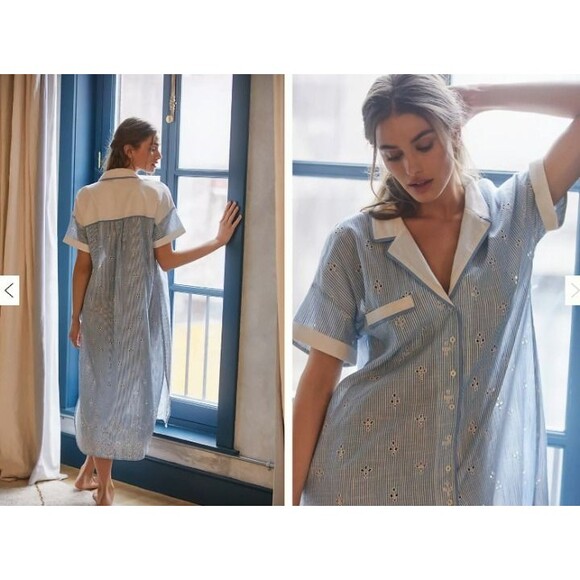 Anthropologie Cezzane Striped Eyelet Dress Loungewear Button Down Shirt Dress XS - Picture 2 of 12